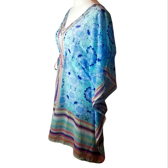 Ellen Weaver Aqua Blues Sleeves Semi- Sheer Boho  Beaded Overlay - Picture 2 of 6